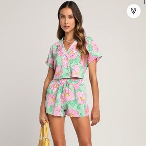 Lulu’s Sun and Blooms Pink Multi Floral Print Two-Piece Romper set